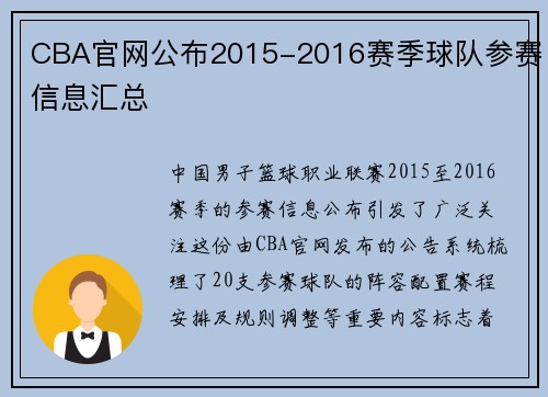 CBA官网公布2015-2016赛季球队参赛信息汇总